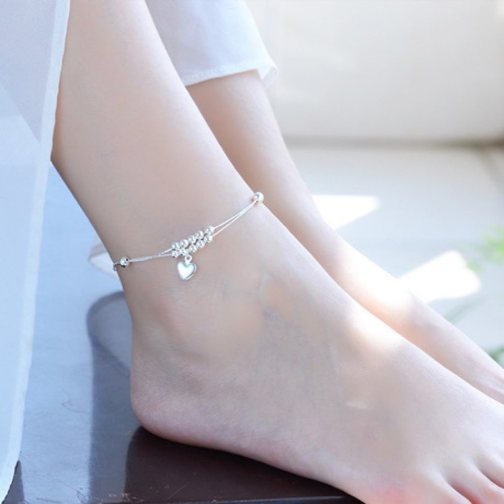 NEW 925 Sterling Silver Heart Bead Anklet - Picture 1 of 2
